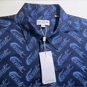 NWT Lacoste Men Allover Logo Shirt Navy Blue Size 44 - XL Relaxed Fit SS $140